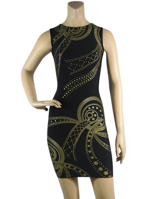 Herve Leger Black And Gold Geometric Bandage Dress